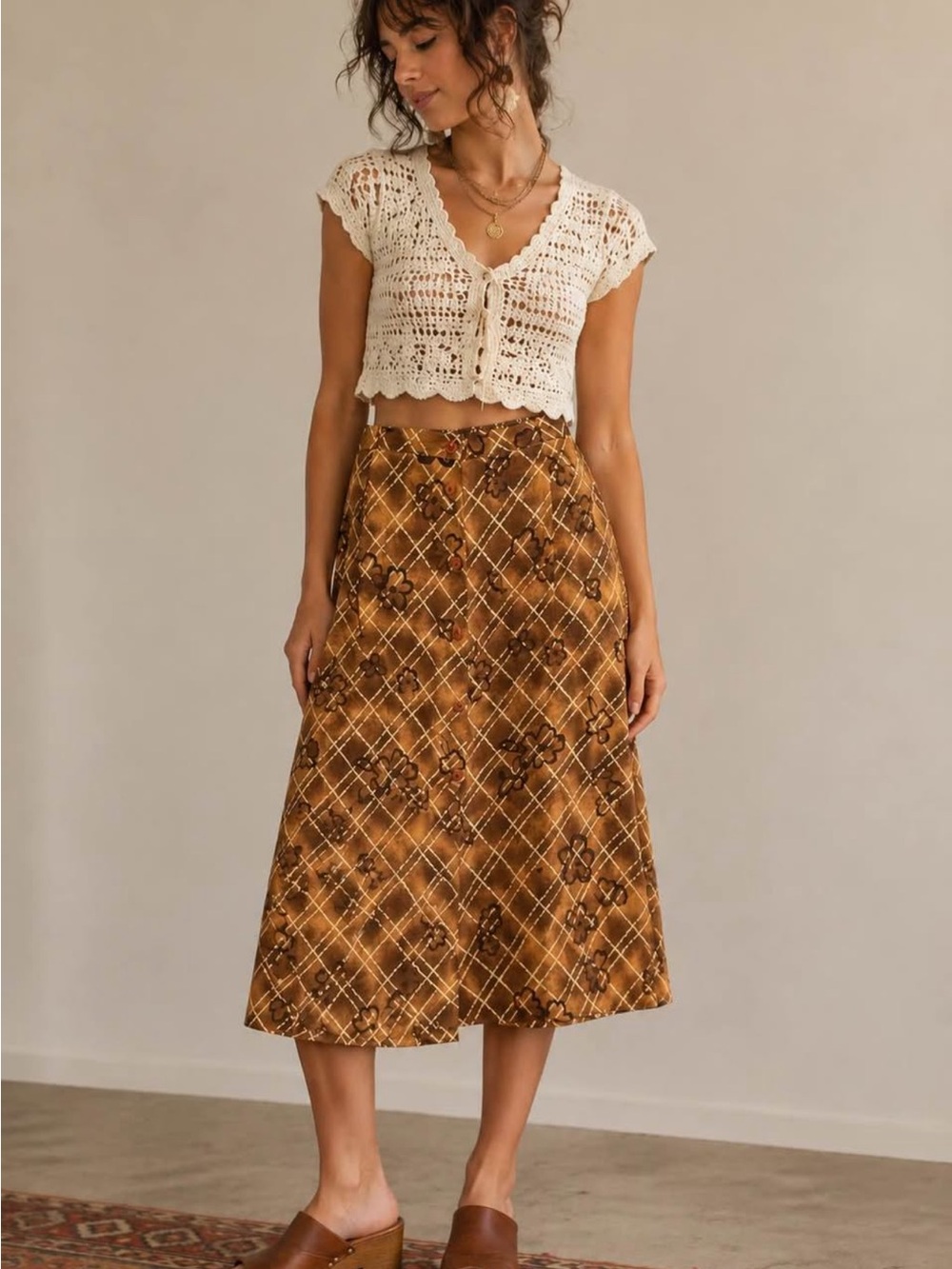 Vintage brown floral lattice-print button-front midi skirt Retro 70s Hippie Boho